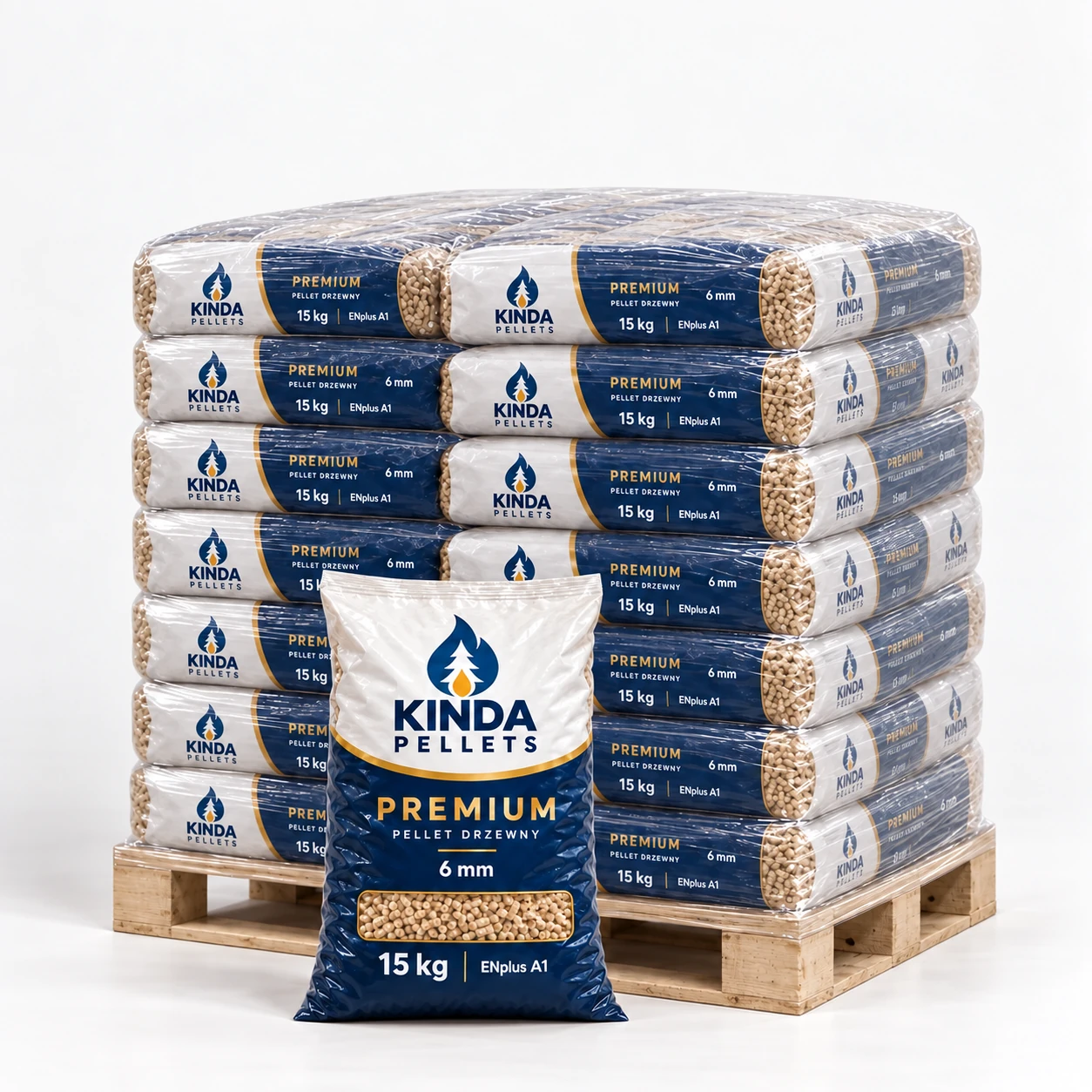Pellet Kinda Premium ENplus A1 6 mm · 750 kg (50 worków × 15 kg)