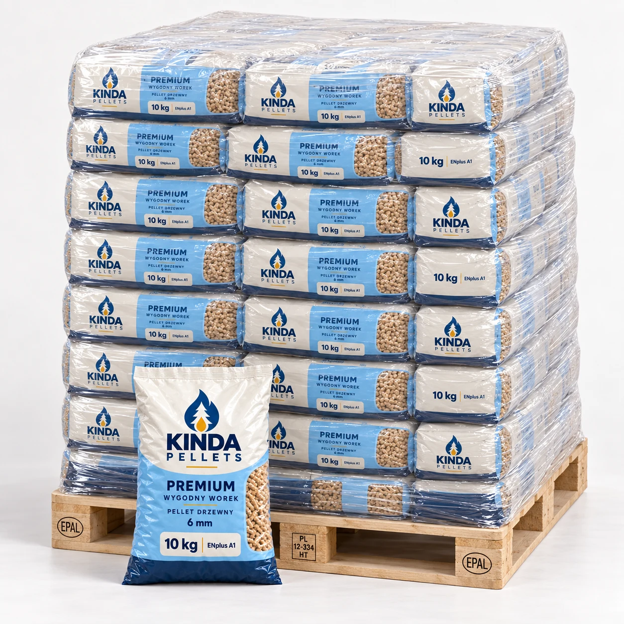 Wizualizacja pelletu Kinda Premium w workach 10 kg na palecie